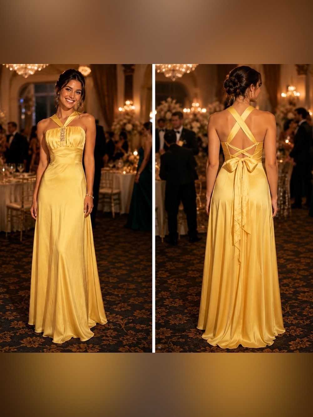 Gunne Sax Yellow Satin Evening Gown 9 Jessica McClintock Y2K Long Formal Dress